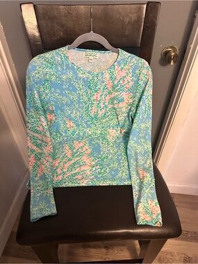 SeaWaves Floral Scoop Neck Top - Aqua & Coral Accents